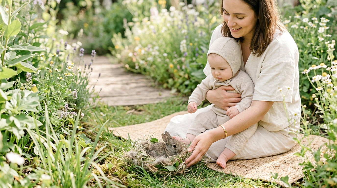 A small wild wild infant rabbit sitting in a garden nest of grass and fur