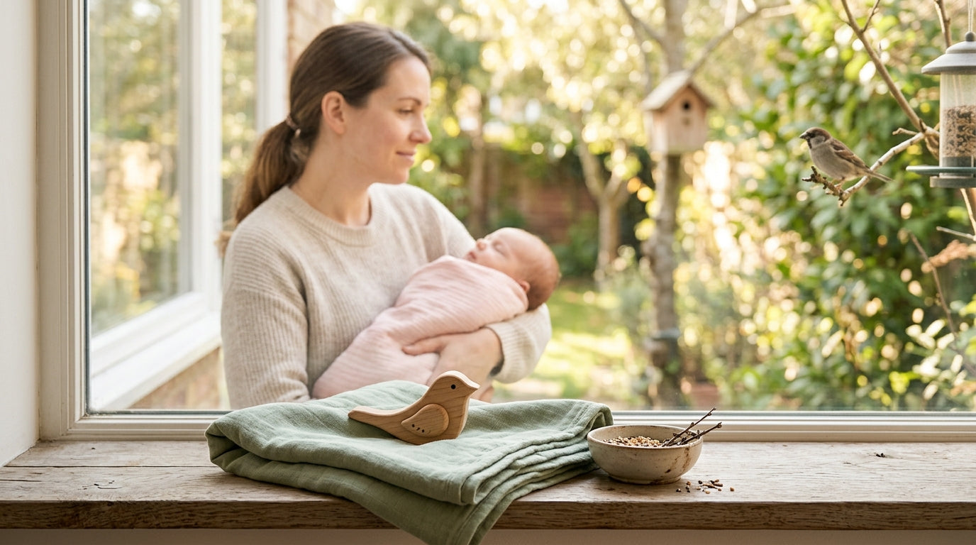 A wooden baby play gym set up in a living room next to organic clothing.