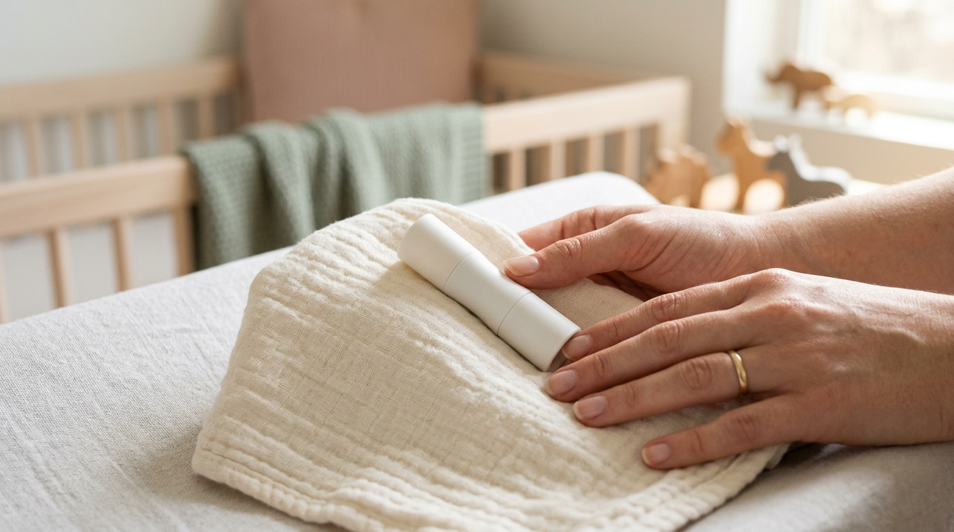 Exhausted mom holding a windi baby gas reliever while drinking coffee
