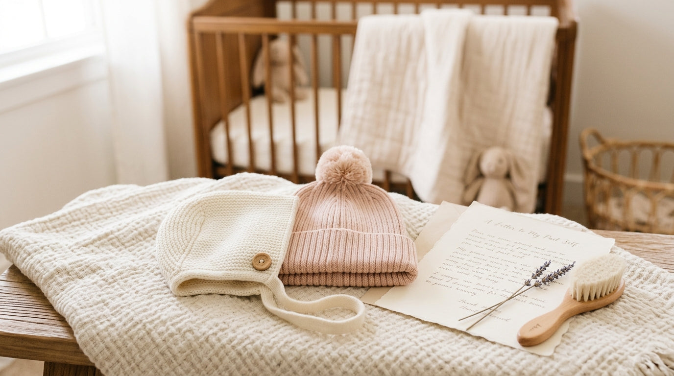 Mother holding a newborn baby in a winter hat and holding a coffee cup
