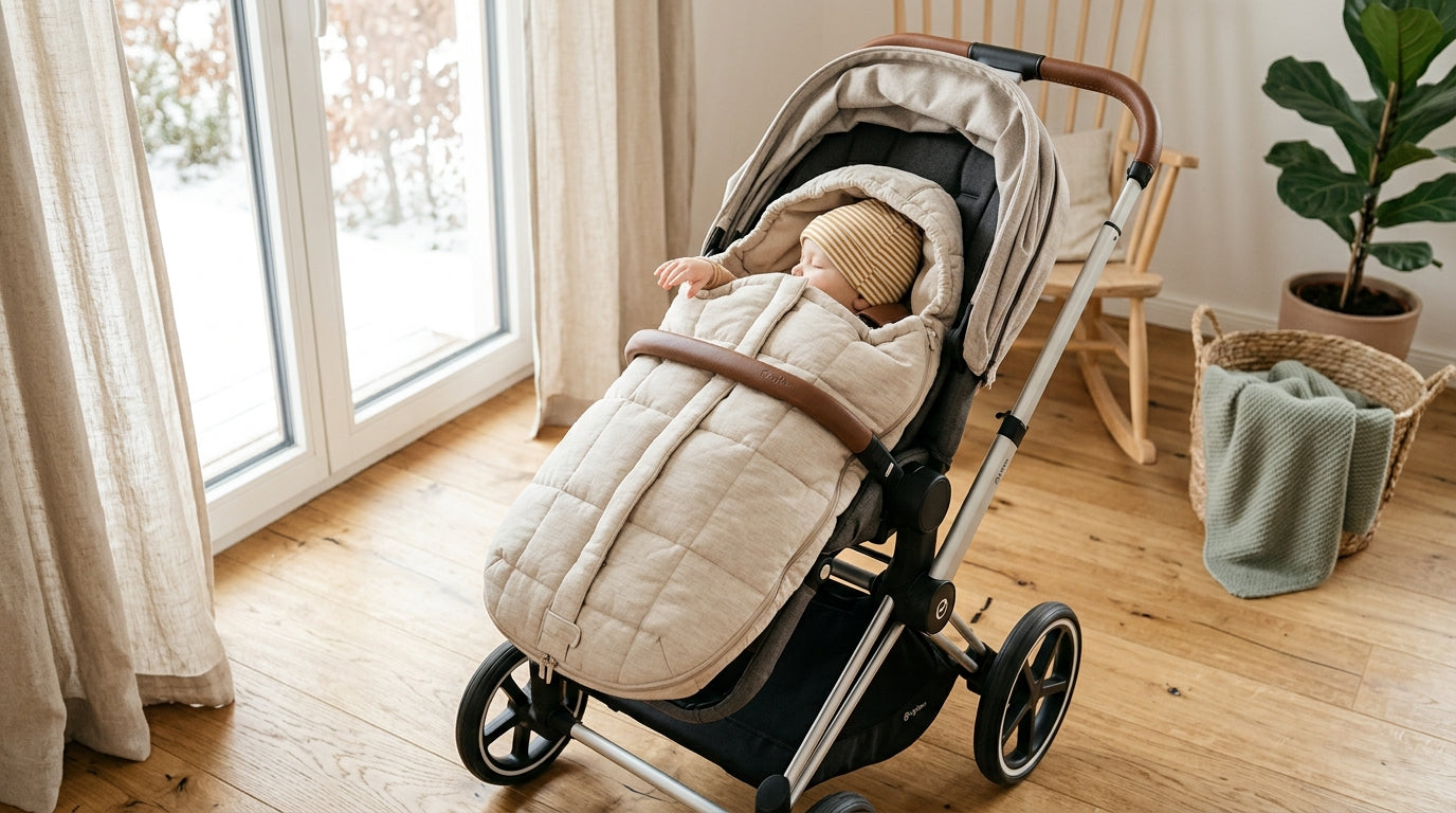 A grey double buggy in a wet London park featuring two Kianao winter footmuffs keeping twin toddlers warm