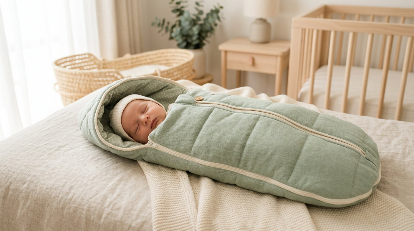 A blue winter sleep sack on a crib mattress next to a folded organic baby blanket and a monitor.
