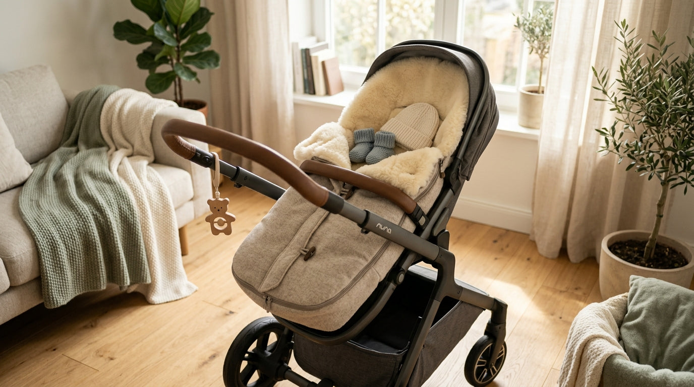 Baby sleeping soundly in a lambskin stroller footmuff while dad drinks coffee in the freezing Portland rain.