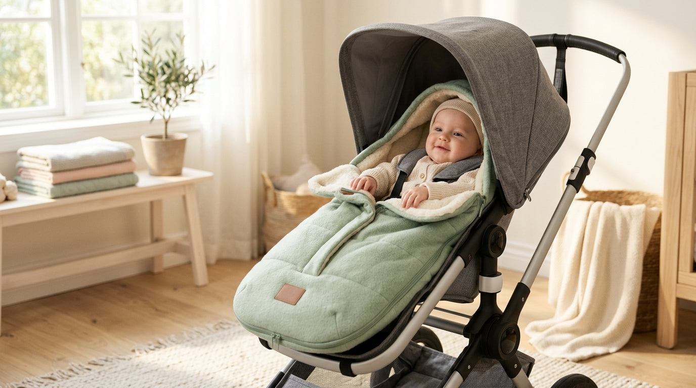 A dad pushing a baby in a warm stroller footmuff during winter.