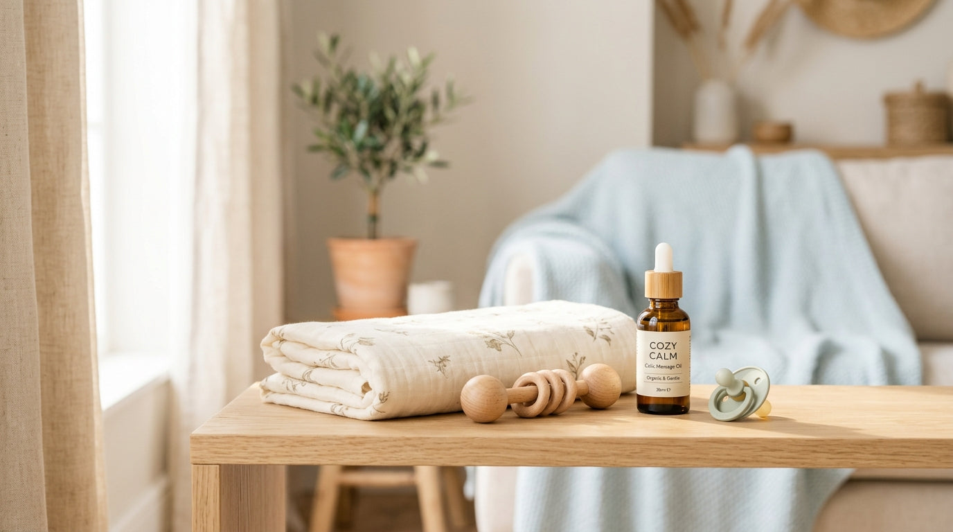 A tired mom sitting in a dimly lit nursery holding a crying infant over her shoulder
