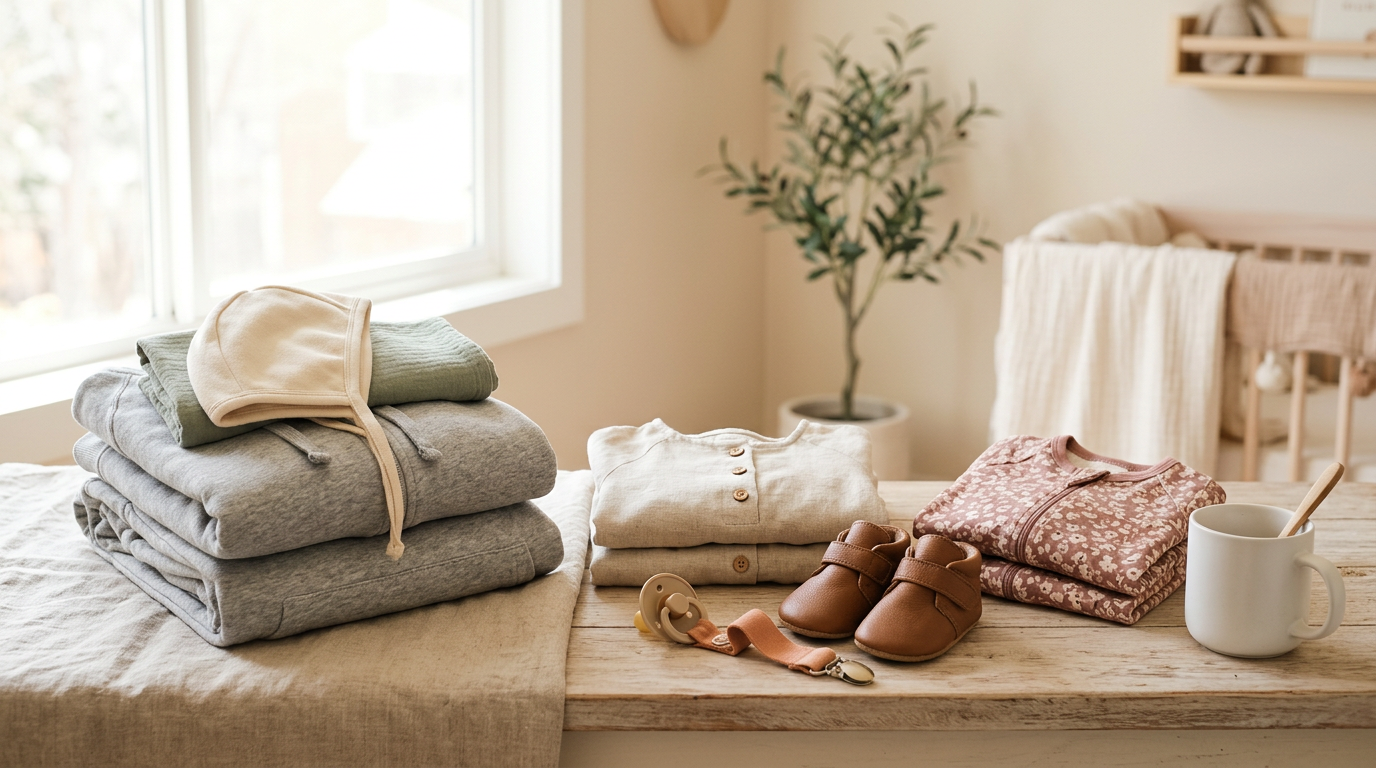 Tired mom holding a baby while looking confused at a rack of ladies clearance apparel.