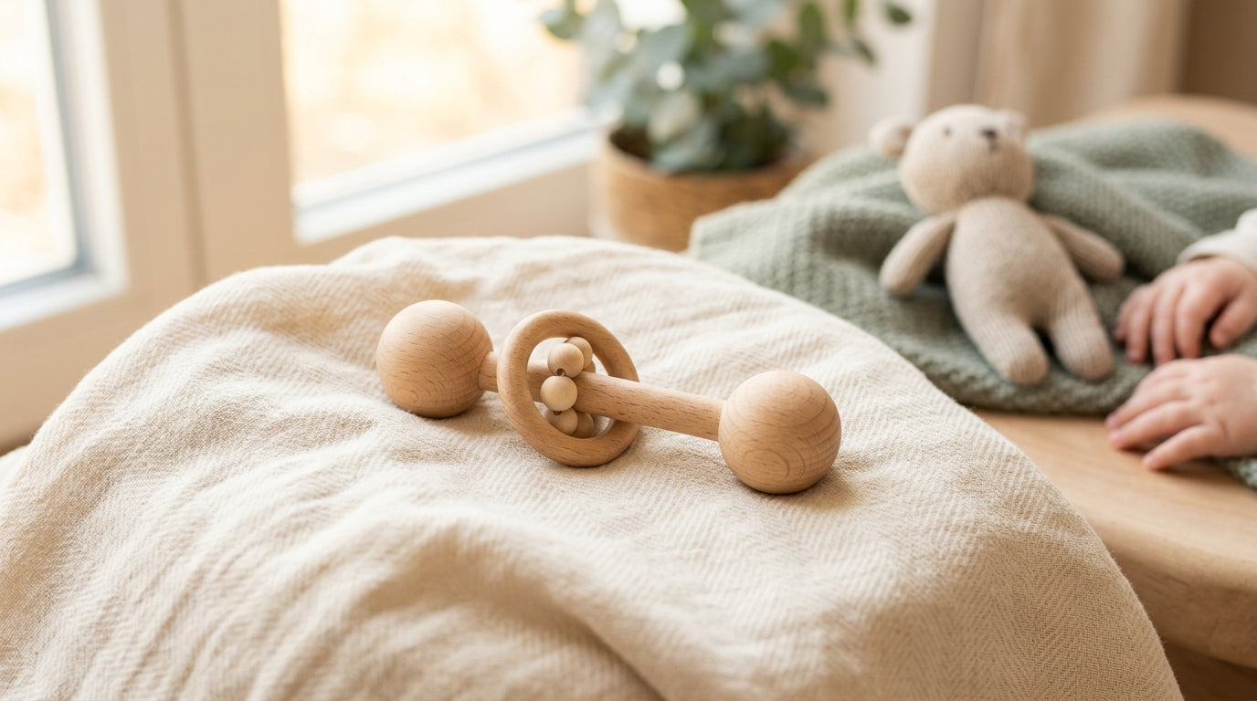 A simple wooden baby rattle resting on a crumpled organic cotton blanket.