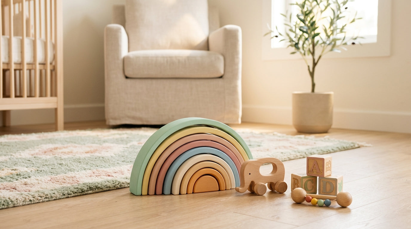 Two toddlers playing with wooden shape sorters on a living room rug