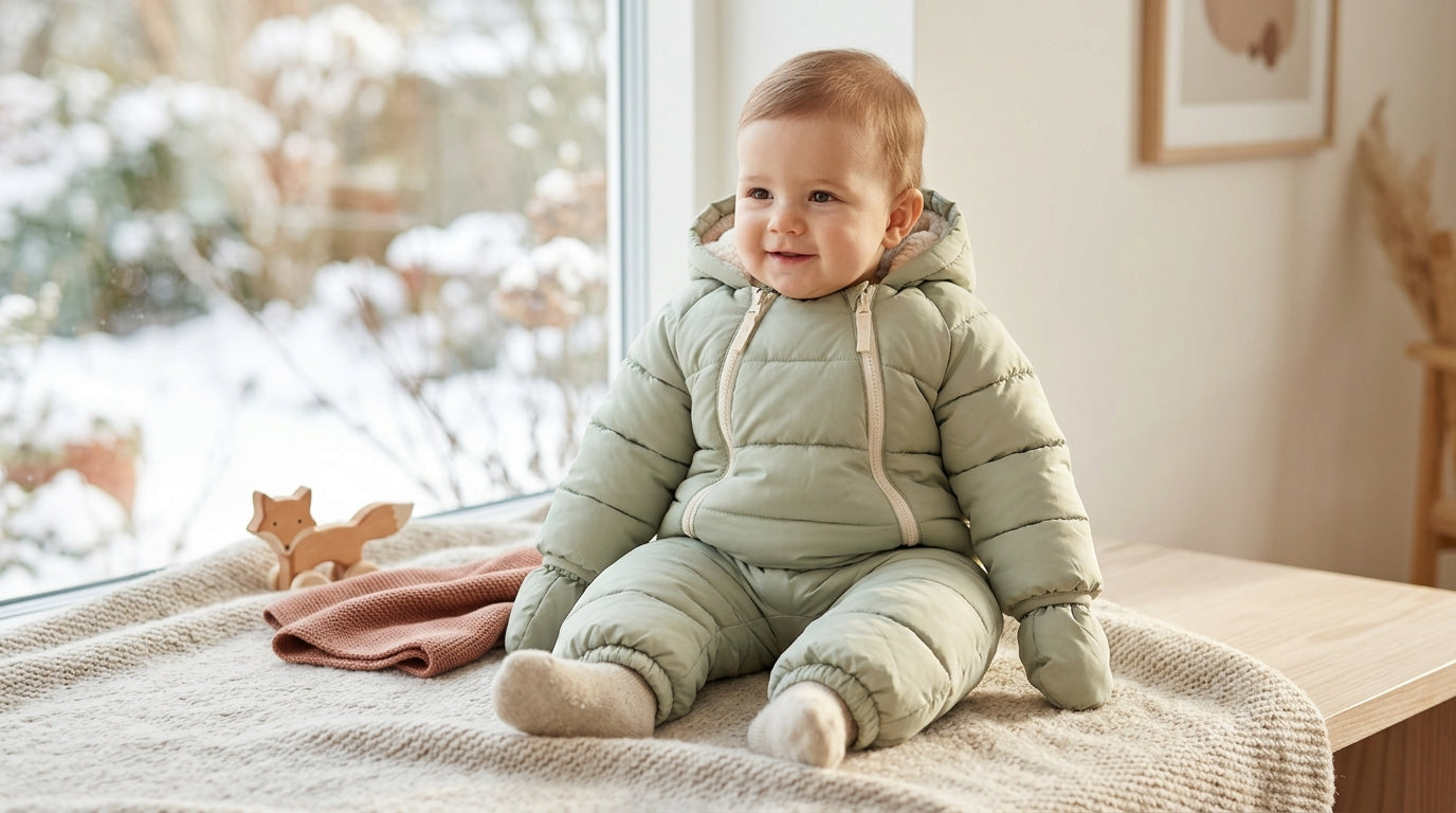 A baby wearing a soft wool fleece overall sitting comfortably in a stroller during winter