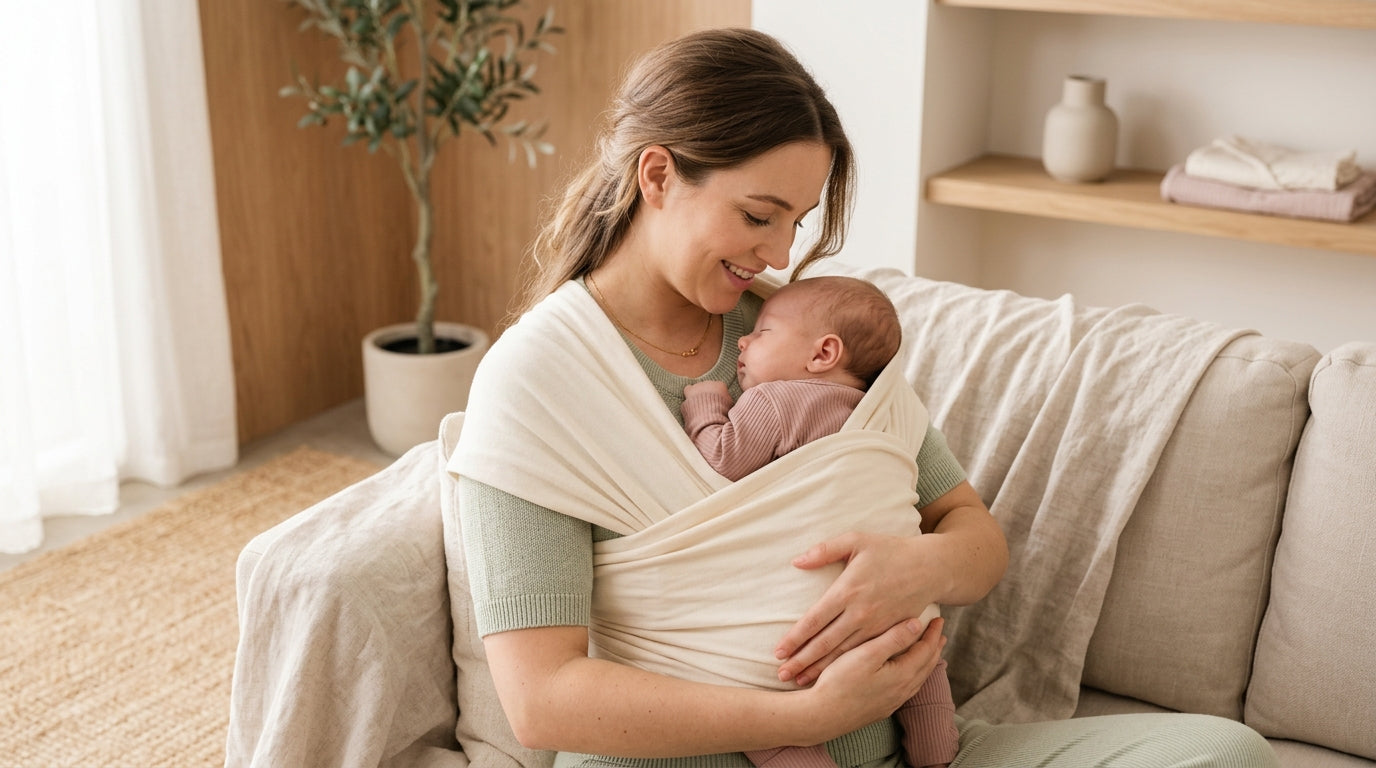 A tired dad trying to figure out the snaps on a wrap-style infant top.