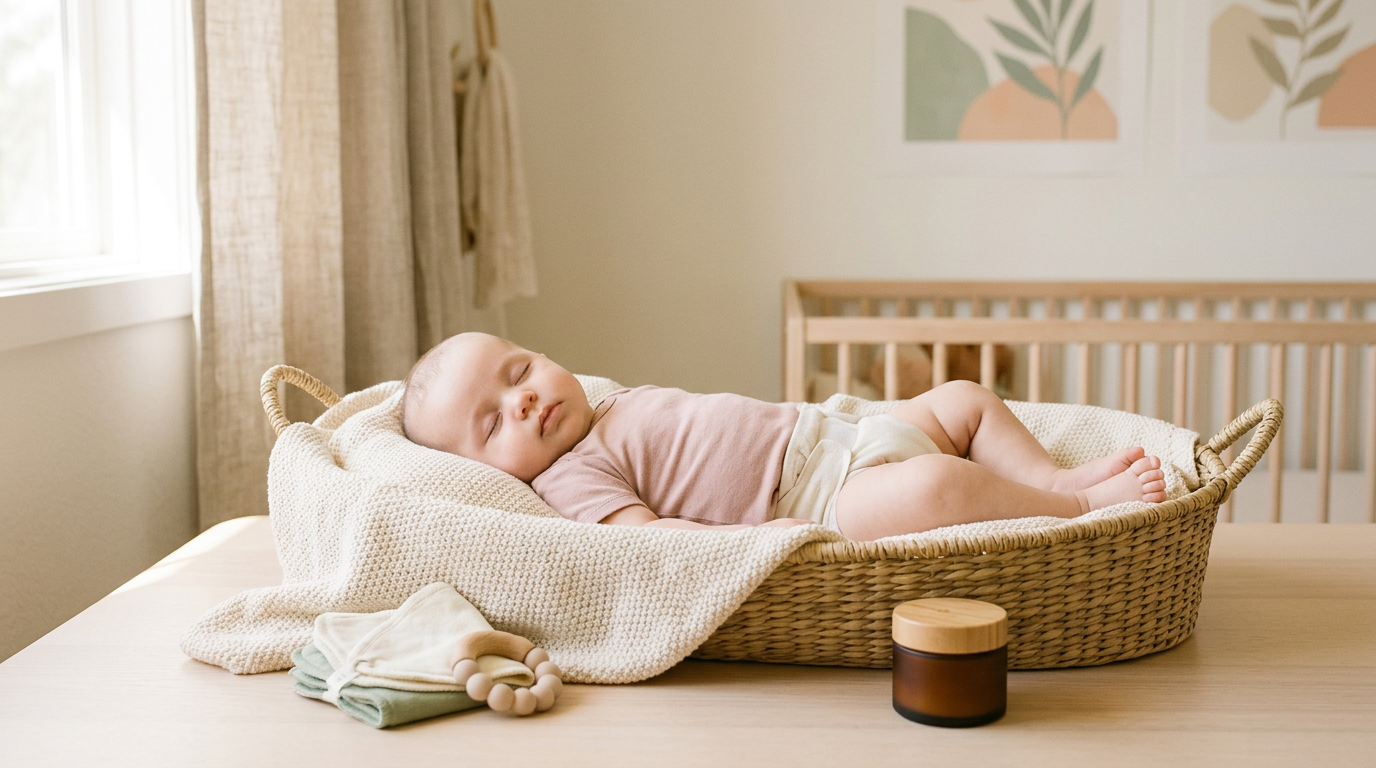 Exhausted mom in sweatpants checking the diaper of a crying baby at night