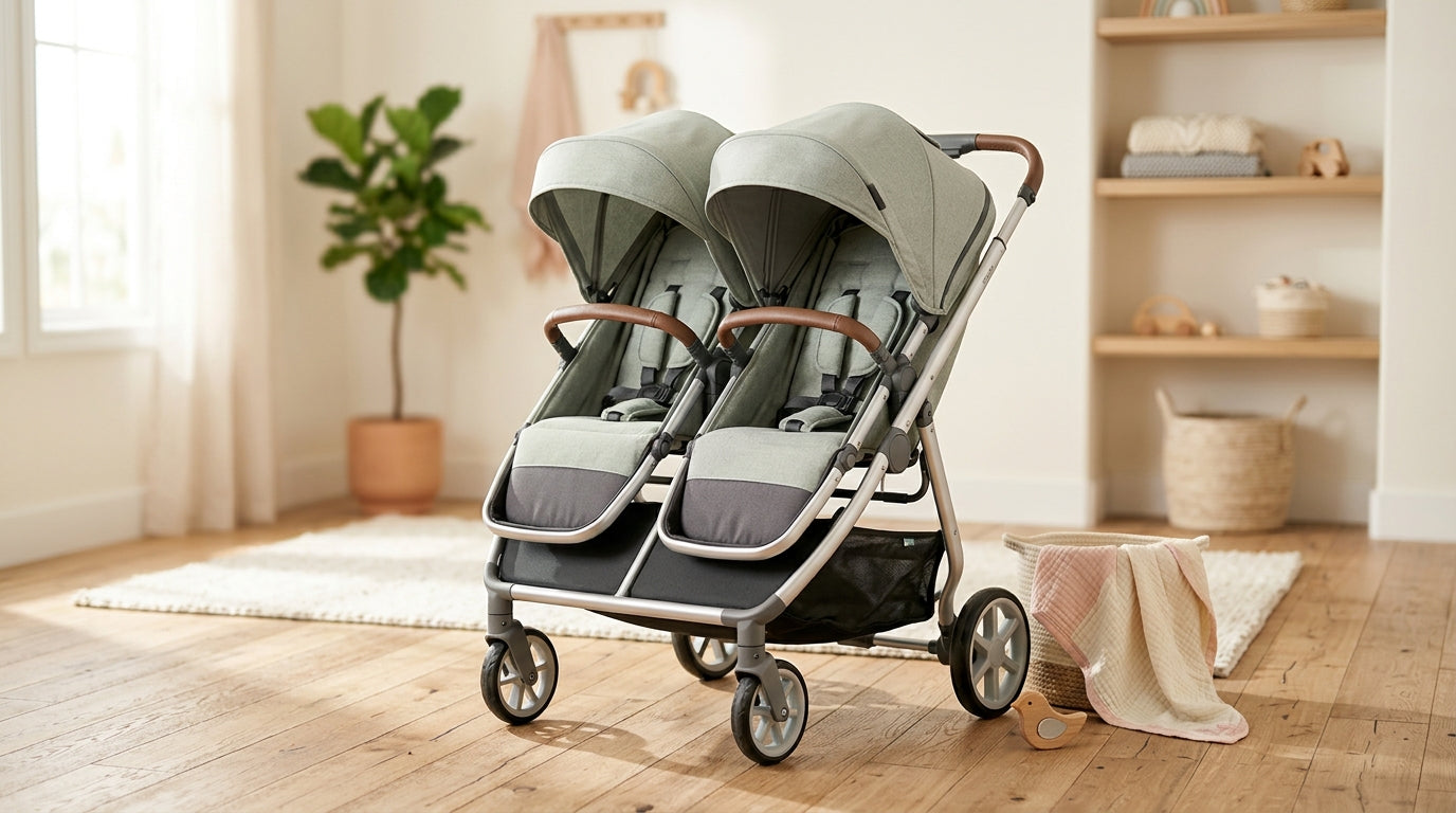 Twin dad pushing a lightweight Zoe baby stroller through a narrow café door