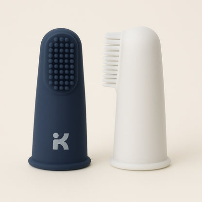 dark blue baby finger toothbrush with light gray handle designed for comfortable grip during use