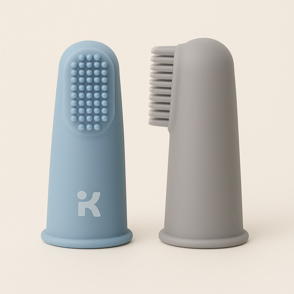 light blue silicone baby finger toothbrush with gray massaging bristles for gentle gum cleaning