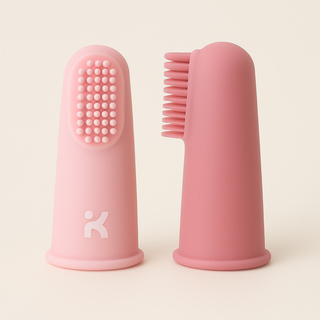 light pink silicone baby finger toothbrush with soft bristles for cleaning baby's first teeth