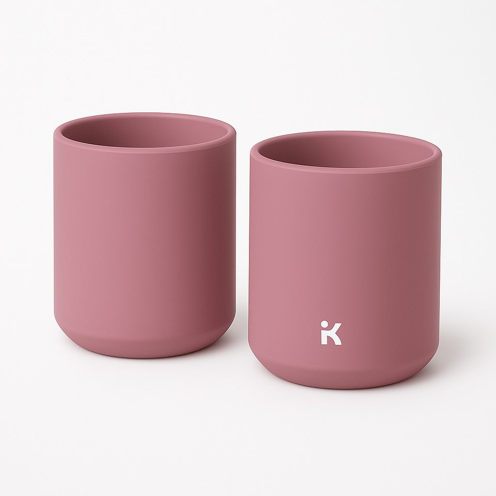 Alternate angle of Pastel Violet silicone mug demonstrating the perfect size for small hands with comfortable grip