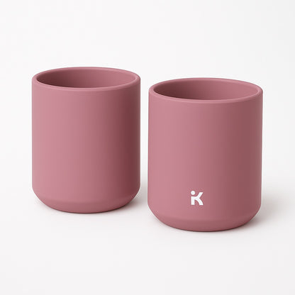 Alternate angle of Pastel Violet silicone mug demonstrating the perfect size for small hands with comfortable grip