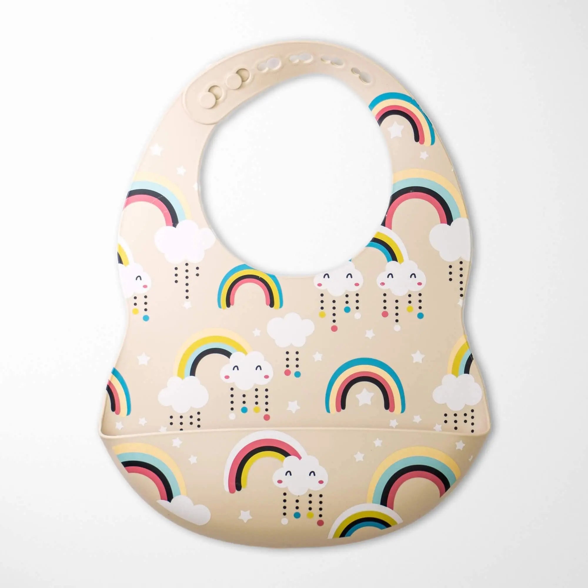 Beige waterproof rainbow print baby bib - BPA-free silicone with food catcher pocket