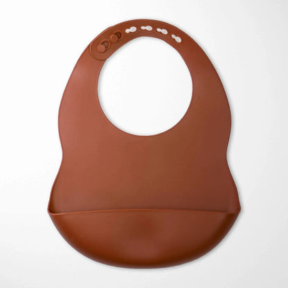 Satin Brown BPA-free silicone baby bib - waterproof feeding bib with deep food catcher pocket