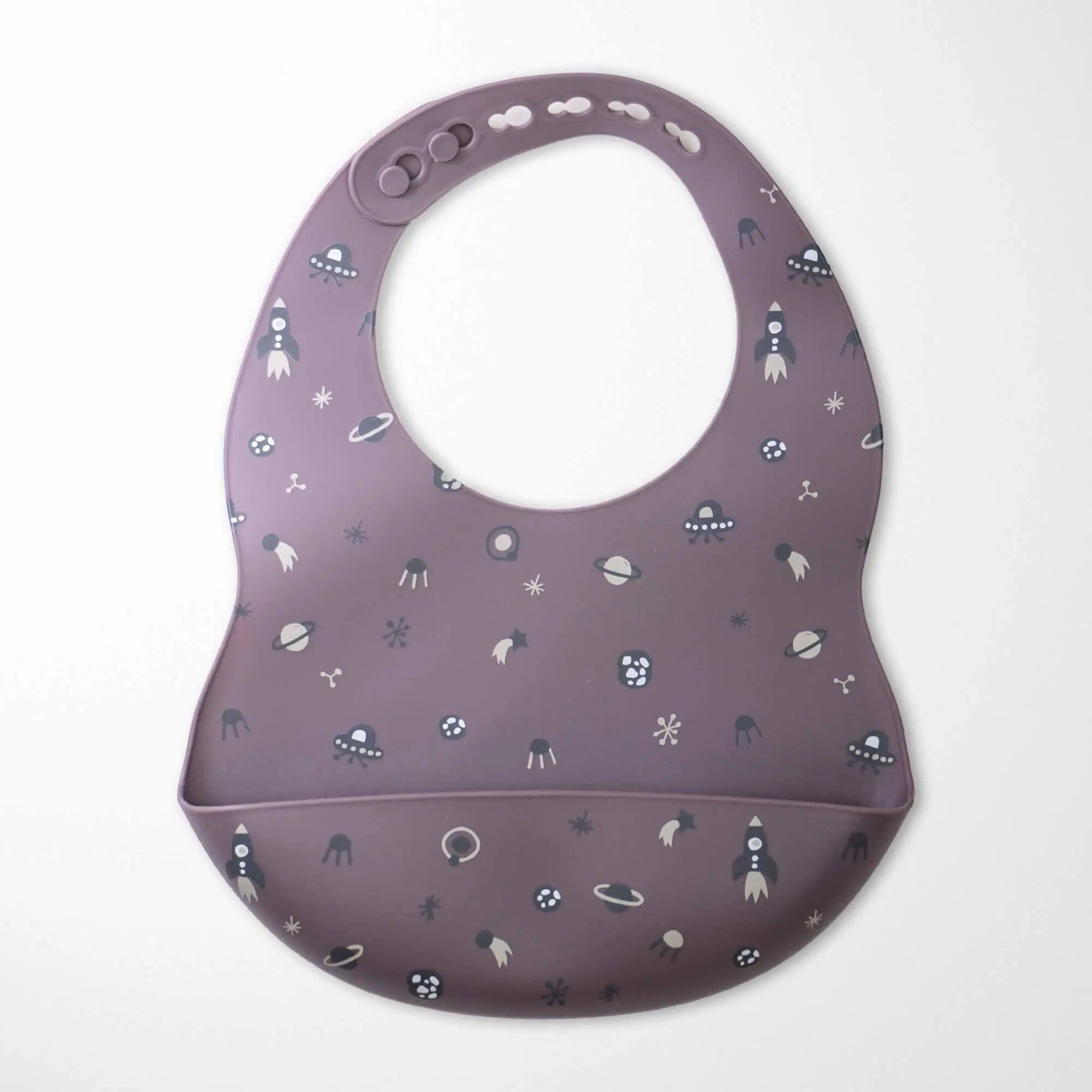 Violett waterproof galaxy print baby bib - BPA-free silicone with spaceship design and crumb catcher