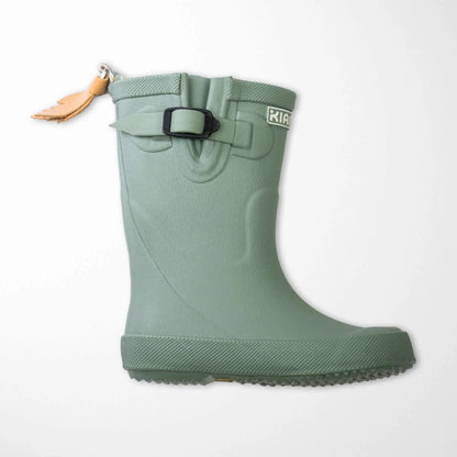 side profile of alpine green kids rain boots with adjustable side gusset for custom fit