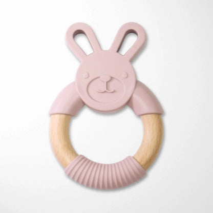 beige bunny silicone wood teether with smooth wooden ring for soothing baby gums