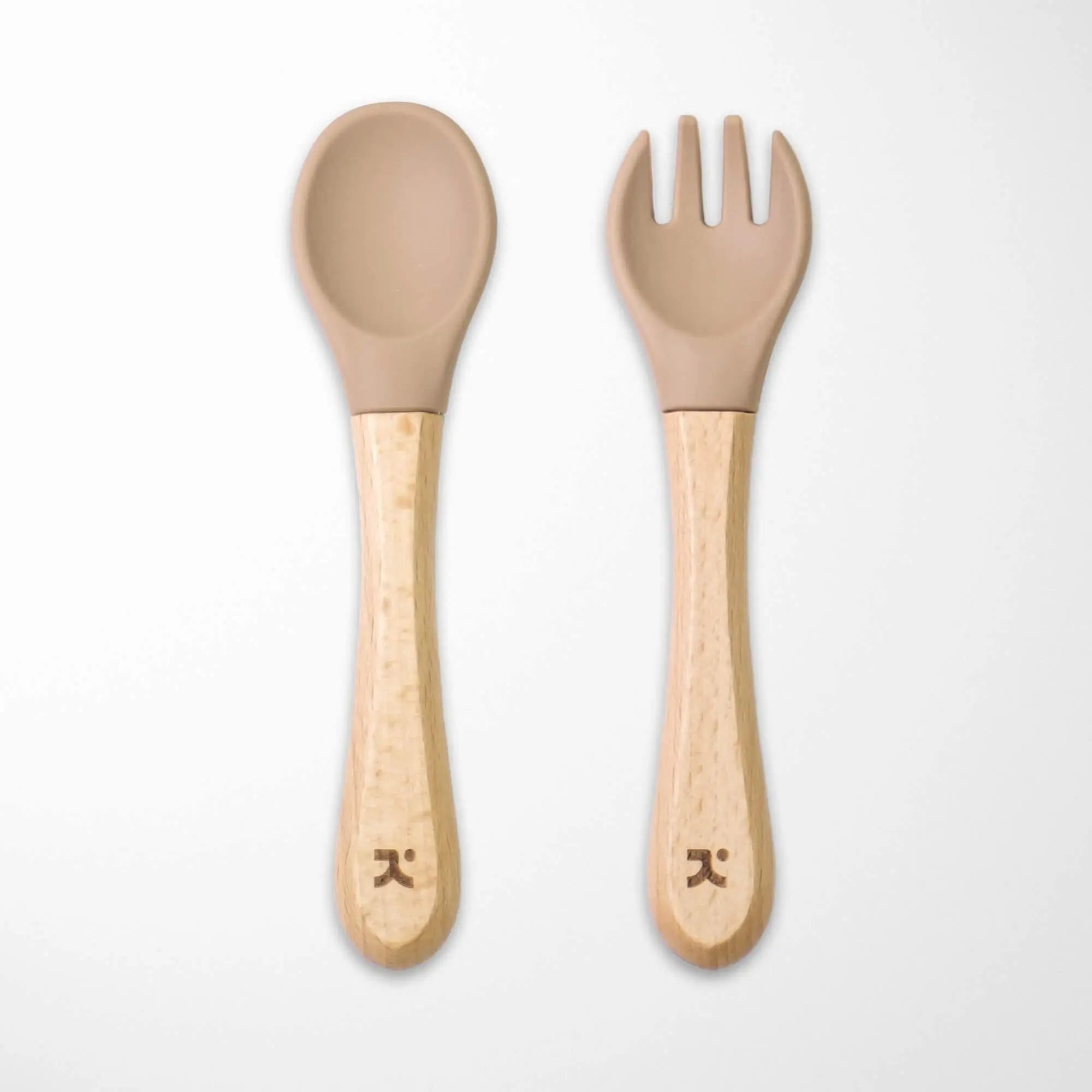 beige rotten silicone-tipped bamboo baby spoon and fork set with sustainable wooden handles for self-feeding practice