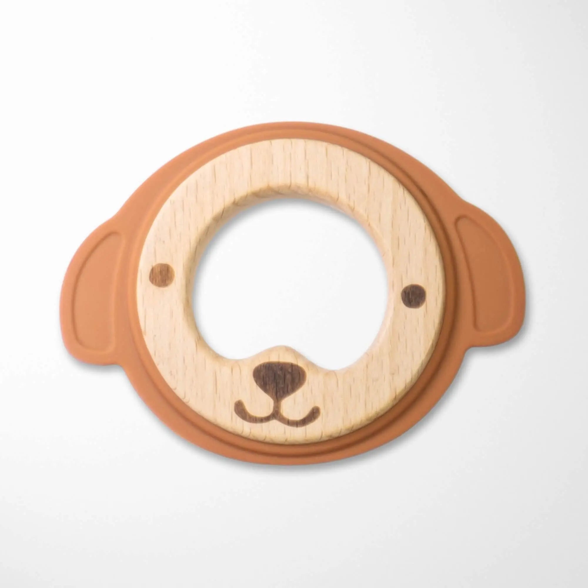 beige rotten bear silicone and wood teether featuring food-grade silicone outer ring and natural wood inner circle for teething babies