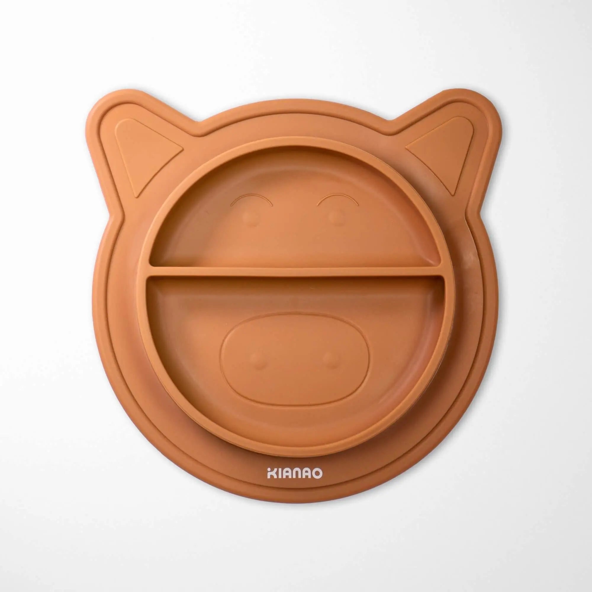 beige rotten silicone baby bowl with piglet ears and divided food sections for versatile feeding options