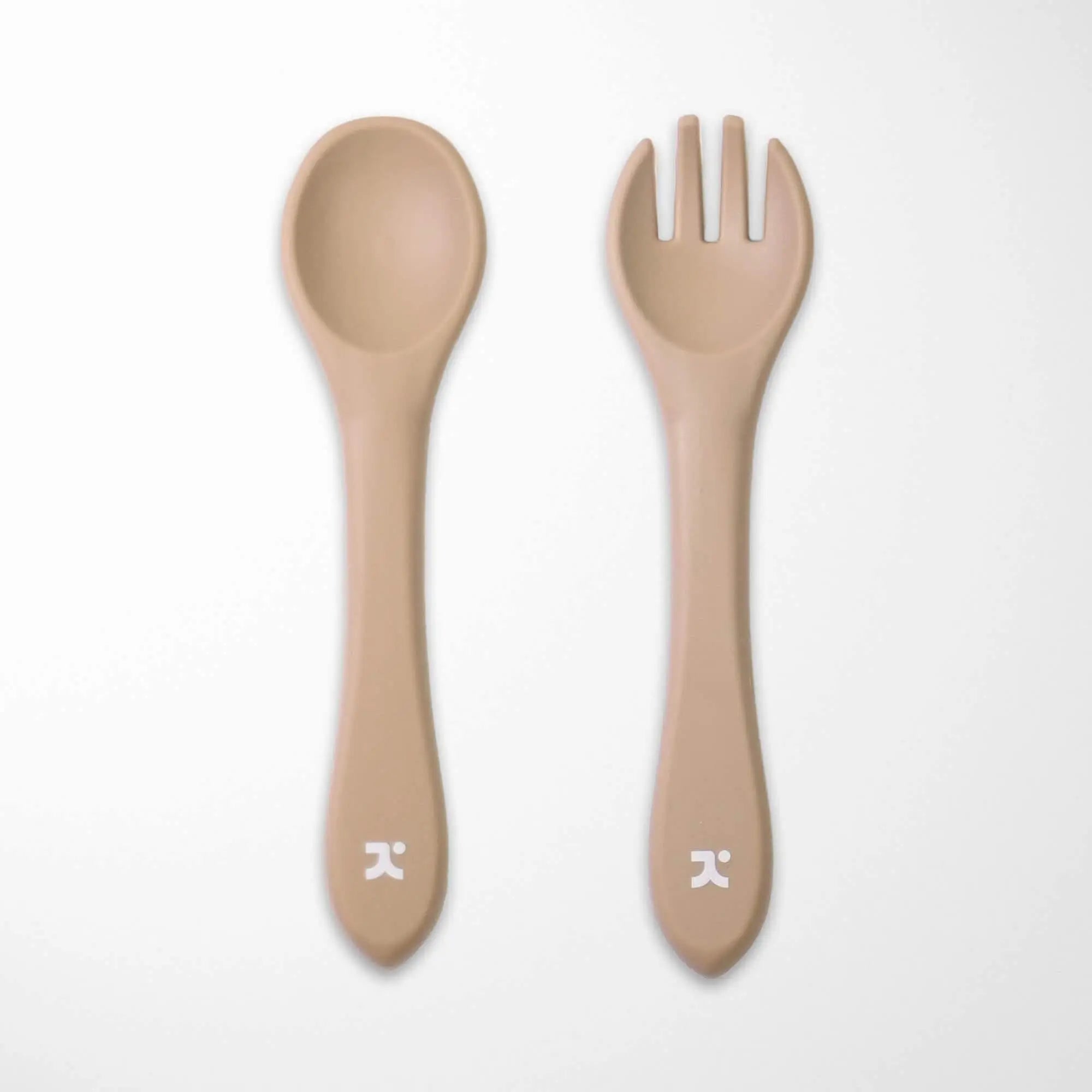 beige silicone baby spoon and fork set with lightweight design perfect for baby-led weaning