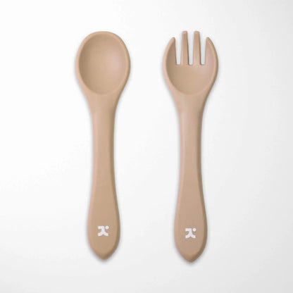 beige silicone baby spoon and fork set with lightweight design perfect for baby-led weaning