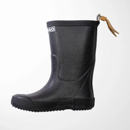 side view of black olive kids rain boots demonstrating adjustable fit feature