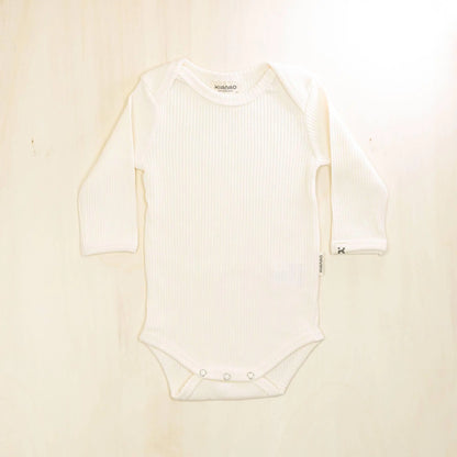 blossom white long sleeve organic cotton baby bodysuit with stretchy fabric that grows with your baby
