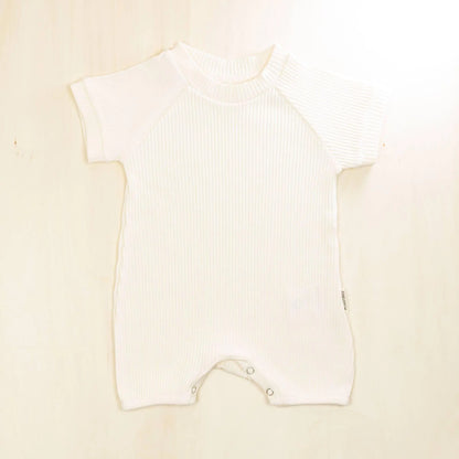 blossom white organic cotton short sleeve baby romper featuring stretchy comfortable fabric