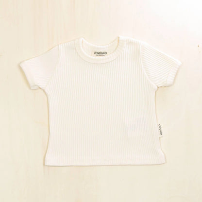 blossom white organic cotton baby t-shirt with ribbed texture and short sleeves, pure organic material that's gentle on skin