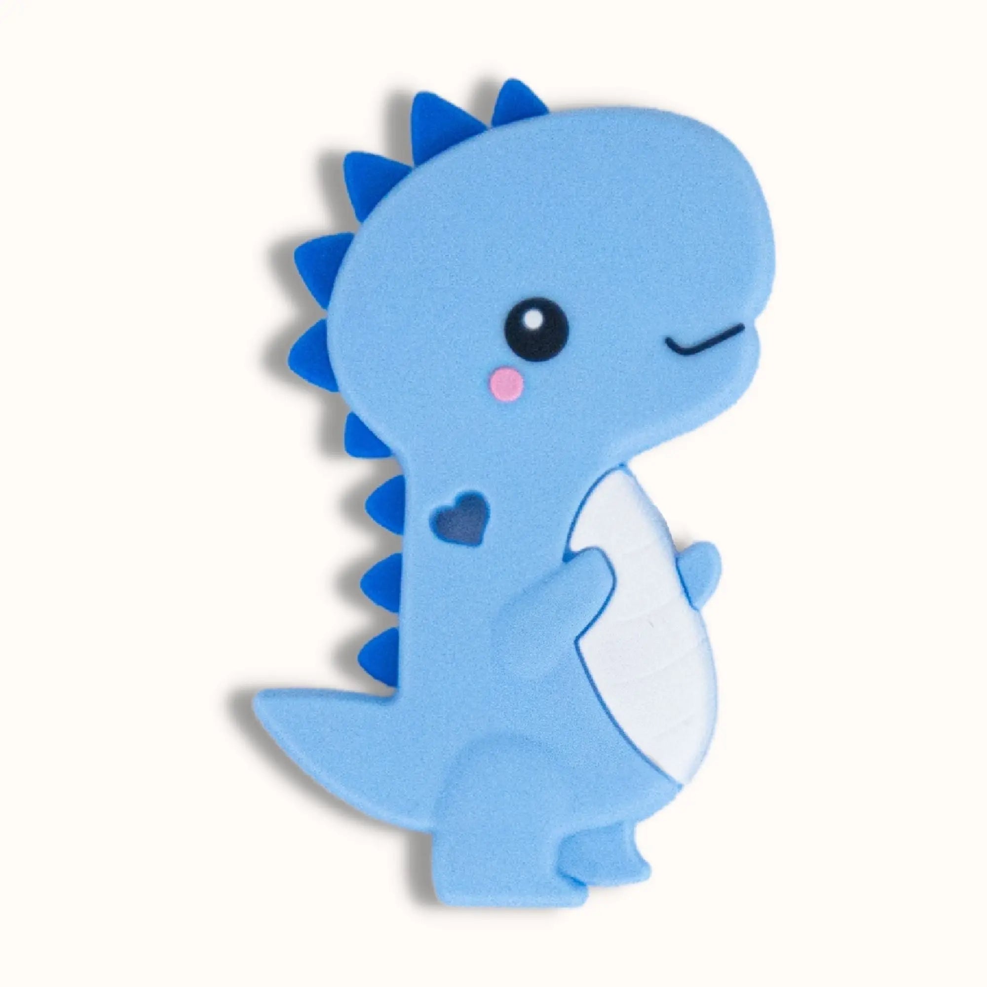 blue silicone dinosaur baby teether with textured spikes, white belly and easy grip design for soothing teething discomfort