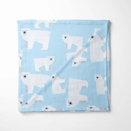 light blue organic cotton baby blanket with white polar bear print pattern featuring double-layered fabric for optimal warmth