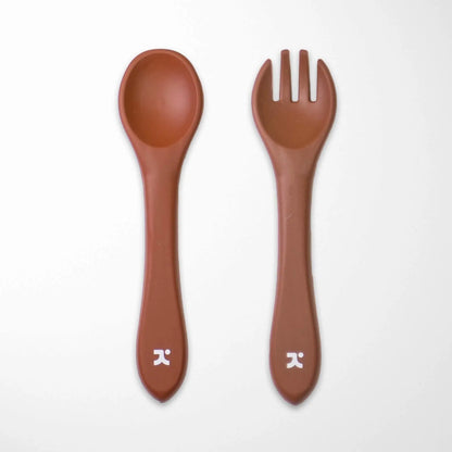 brown silicone baby spoon and fork set with dishwasher-safe material for easy cleaning