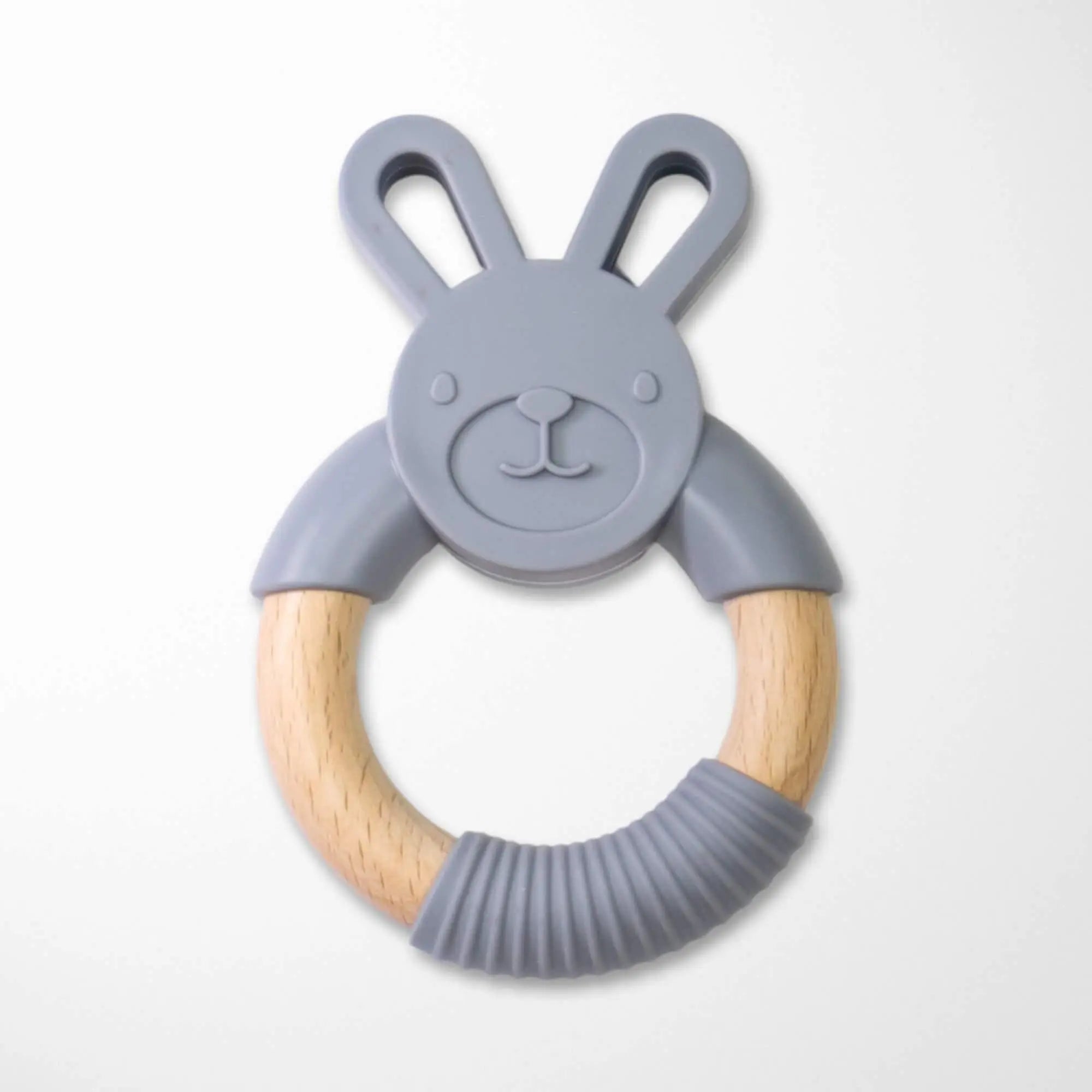 gray bunny silicone wood teether with textured ring for baby teething relief BPA-free