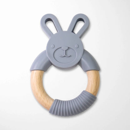 gray bunny silicone wood teether with textured ring for baby teething relief BPA-free