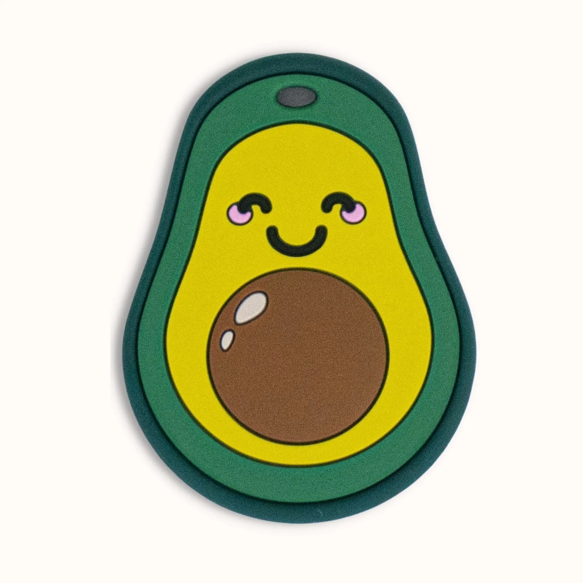 green silicone avocado baby teether with smiling face, textured seed center and dual-texture design for soothing teething discomfort