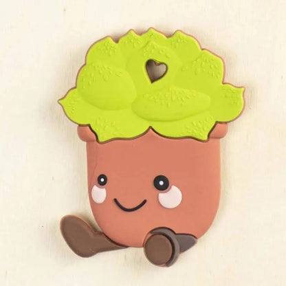 green silicone cactus baby teether with smiling face and brown pot design for infant teething relief