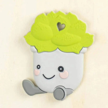 green silicone cactus baby teether with smiling face and gray pot design for teething relief