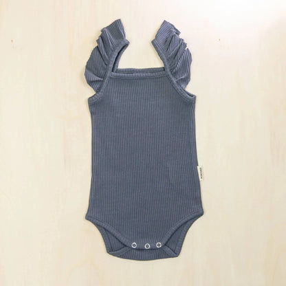 indigo blue flutter sleeve organic cotton baby bodysuit with delicate ruffle detail and soft stretchy fabric