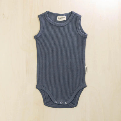 indigo blue organic cotton baby bodysuit sleeveless design with snap closures for easy diaper changes