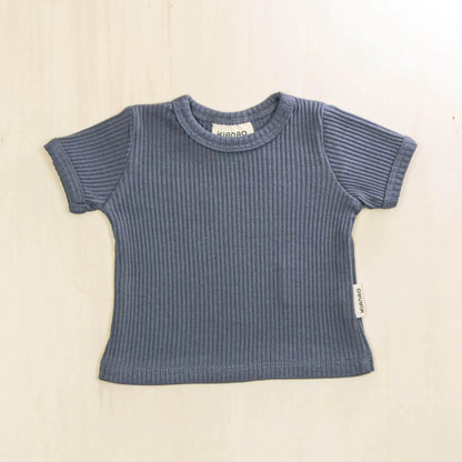 indigo blue organic cotton baby t-shirt with ribbed texture and short sleeves, stretchy and soft for sensitive skin
