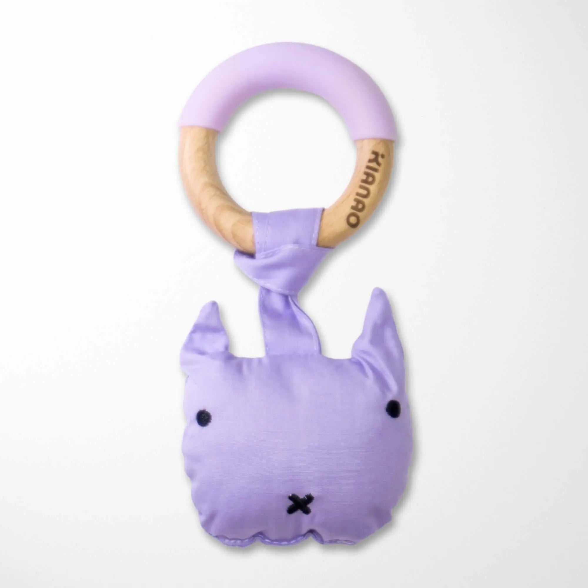 lavender plush monster rattle teething toy with wooden ring, organic cotton baby teether in soft purple color