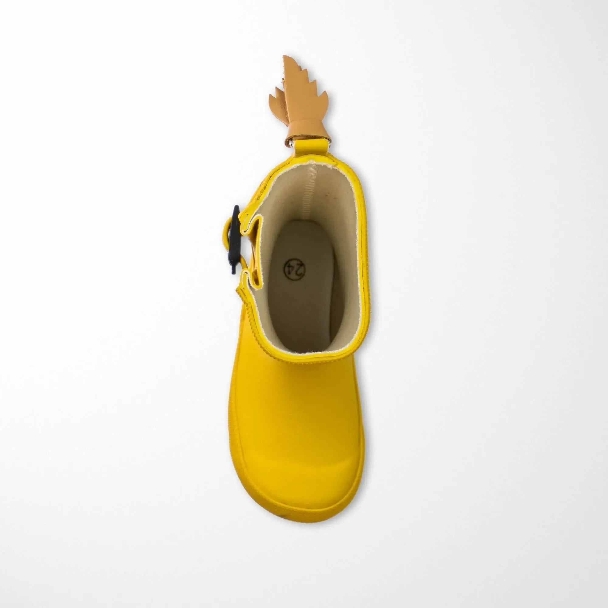 top view of lemon yellow kids rain boots showing adjustable gusset and pull tab design