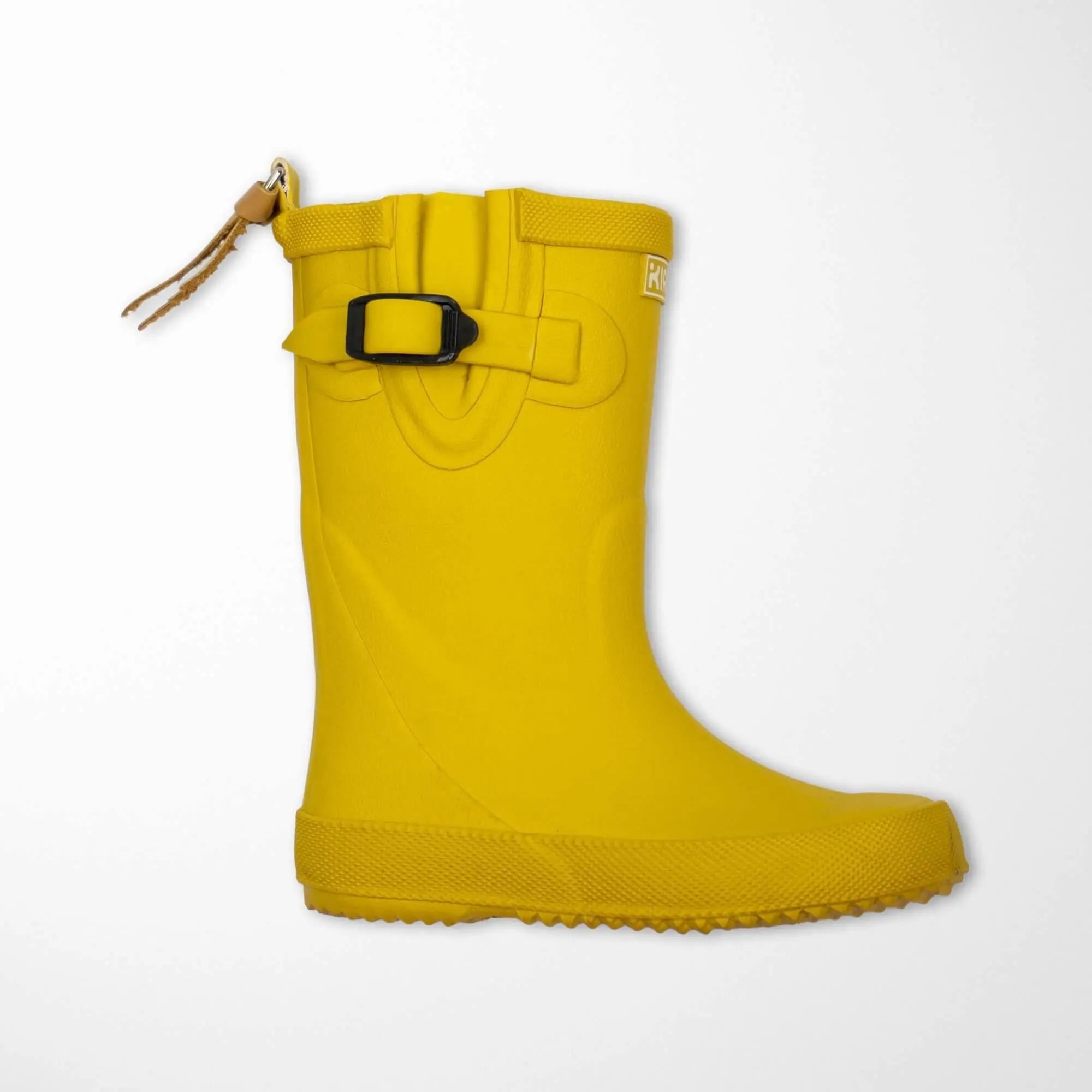 lemon yellow kids rain boots with natural rubber construction and adjustable side gusset