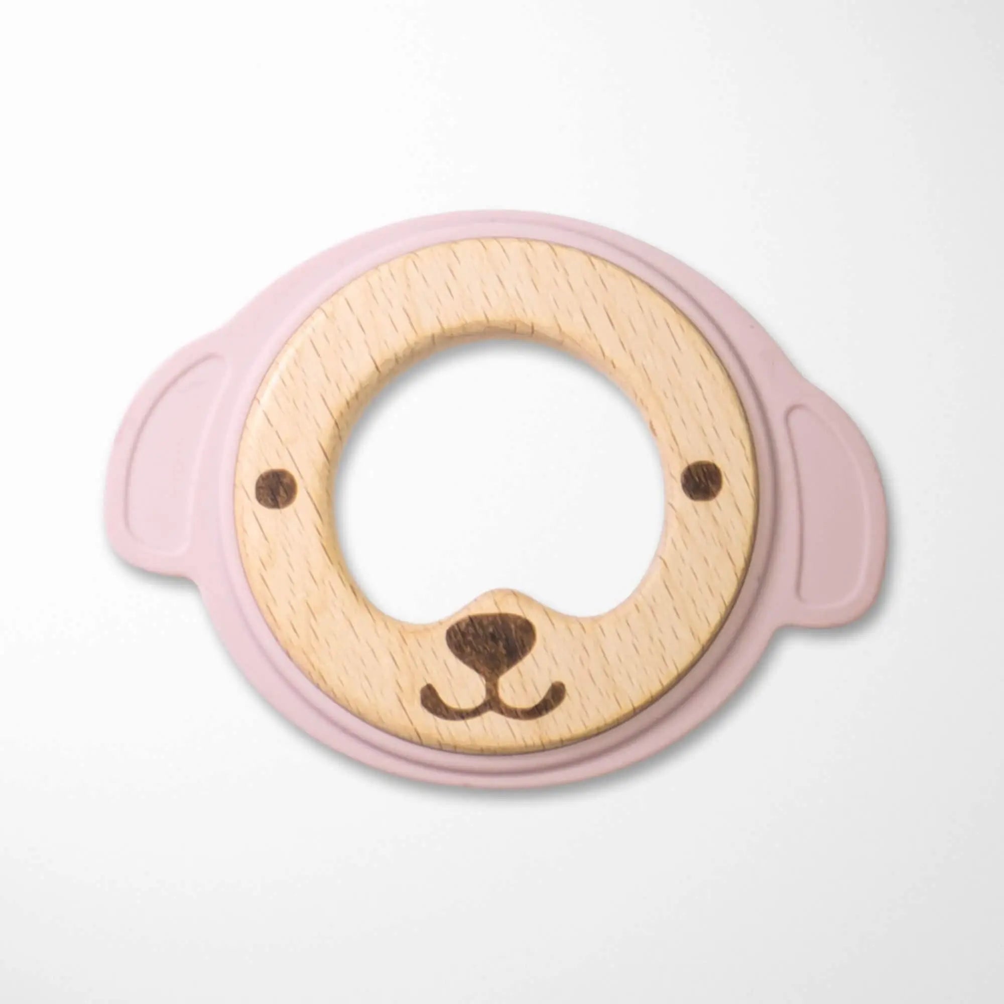 light pink bear silicone and wood teether with wooden center piece and soft silicone edges shaped like cute bear ears for infant teething